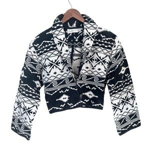 Vintage Flashback Tribal Print Cotton Cropped Jacket Black White Size Medium